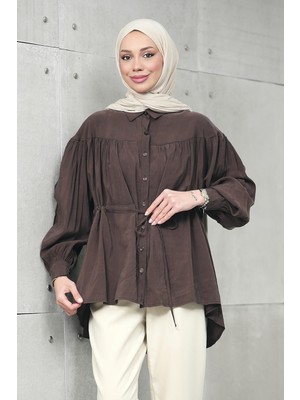 İmaj Butik Kahverengi Bel Bağlamalı Modal Salaş Gömlek