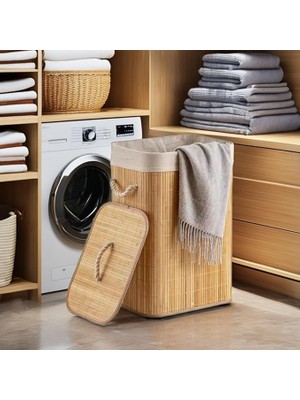 Leaf Shop El Yapımı Hasır Katlanır Çamaşır Sepeti Dikdörtgen 72 Litre (40CM*30CM*61CM), Doğal Malzemeden Üretilmiş Çamaşırlık, Bambu Kirli Çamaşır Sepeti
