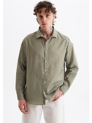 Danger Erkek %100 Pamuklu Çizgili Gömlek Yeşil