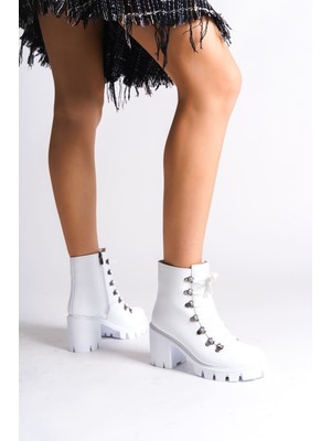 DMR Elegance Emma Bağcıklı Fermuarlı Ortopedik Taban Topuklu Kadın Bot Cbt - Beyaz