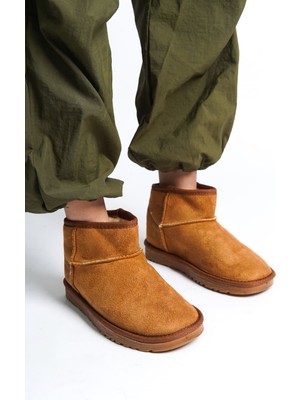 DMR Elegance Jolıe Bağcıksız Düz Taban Içi Kürklü Kısa Süet Kadın Bot  Stt - Taba