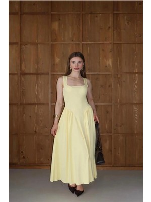 Kadın Kare Yaka Kalın Askılı Şık Tasarım Elbise