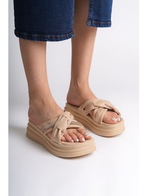 DMR Elegance Clara Düz Topuklu Kurdele Desenli Taşlı Kalın ve Ortopedik Taban Kadın Terlik  Ctt - Ten