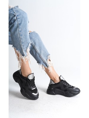 DMR Elegance Tokyo Bağcıklı Ortopedik Taban Triko Detaylı Kadın Spor Ayakkabı  Tst - Siyah/gri