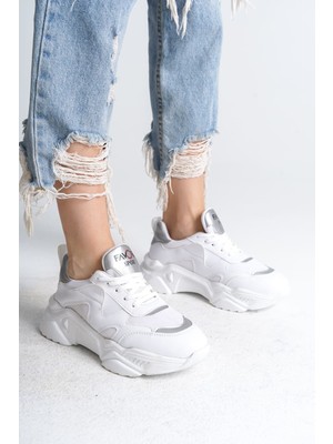 DMR Elegance Tokyo Bağcıklı Ortopedik Taban Triko Detaylı Kadın Spor Ayakkabı  Tbt - Beyaz/gri
