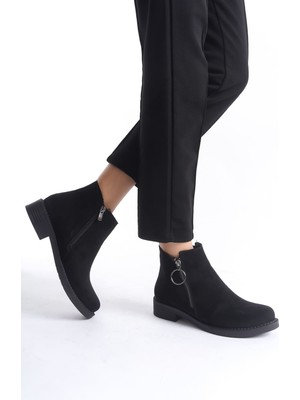 DMR Elegance Margaret Fermuarlı Ortopedik Taban Topuklu Süet Kadın Bot Sst - Siyah