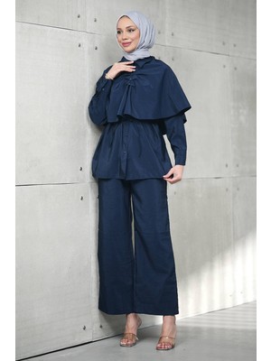 İmaj Butik Lacivert Pelerin Detaylı Tunik Pantolonlu Takım
