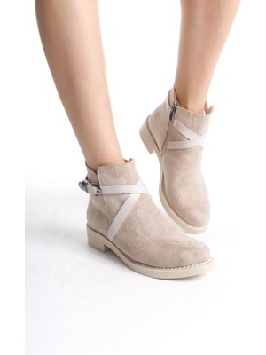 DMR Elegance Almıla Fermuarlı Lastikli Ortopedik Taban Topuklu Süet Kadın Bot  Stt - Ten