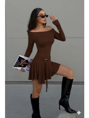 Rora Kayık Yaka Drapeli Mini Elbise – Günlük & Şık Kullanım, Esnek Fit