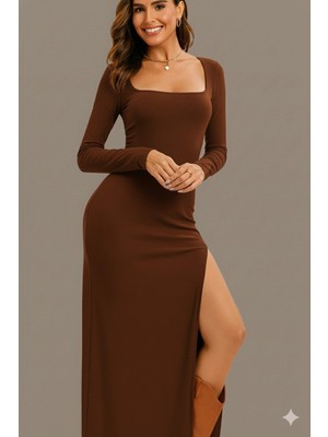 Rora Kare Yaka Uzun Kollu Yırtmaçlı Elbise – Esnek Kumaş, Vücuda Oturan Şık Abiye Günlük Elbise