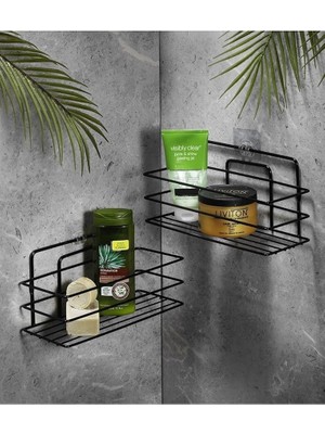 Leaf Shop Boyu Paslanmaz Yapışkanlı Banyo Düzenleyici Şampuanlık Duş Rafı 2 Adet Siyah Tş-01