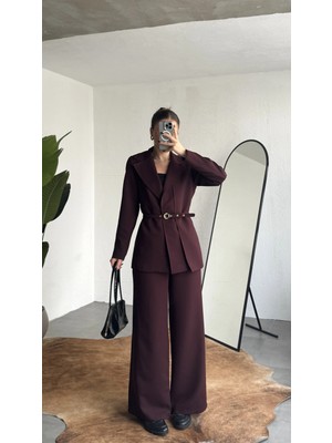 Asfa Moda Kadın Bordo Kemerli Blazer Ceket Bel Lastikli Palazzo Pantolon Ikili Takım
