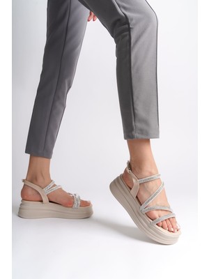 DMR Elegance Rıley Ince Tokalı Taşlı Şeritli Ortopedik Taban Kadın Sandalet  Ckt - Krem