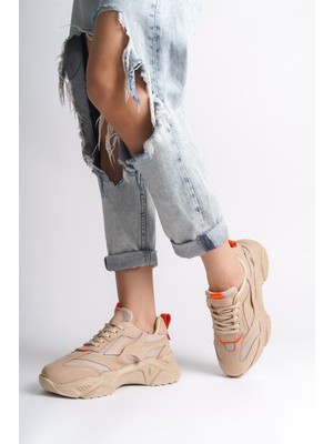 DMR Elegance Tokyo Bağcıklı Ortopedik Taban Triko Detaylı Kadın Spor Ayakkabı  Ttt - Ten/turuncu