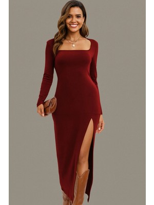 Rora Kare Yaka Uzun Kollu Yırtmaçlı Elbise – Esnek Kumaş, Vücuda Oturan Şık Abiye Günlük Elbise