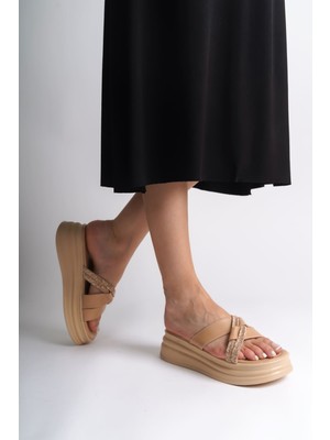 DMR Elegance Ruby Düz Topuklu Taşlı Çapraz Şeritli Kalın ve Ortopedik Taban Kadın Terlik  Ctt - Ten