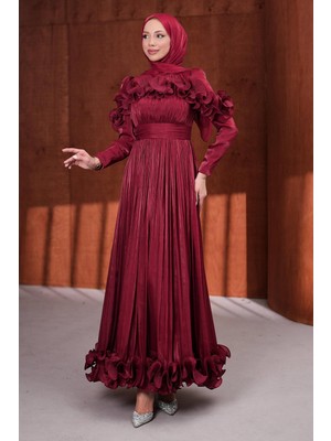 İmaj Butik Bordo Yaka ve Etek Ucu Fırfırlı Işıltılı Abiye
