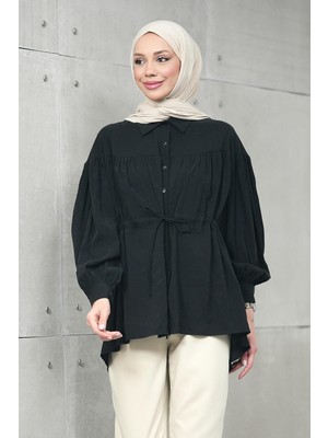 İmaj Butik Siyah Bel Bağlamalı Modal Salaş Gömlek