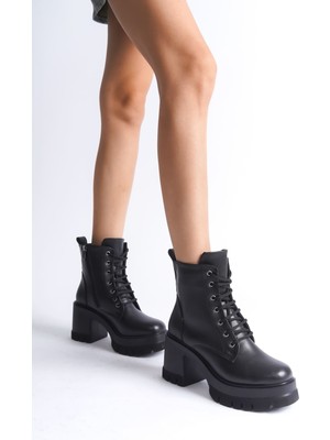 DMR Elegance Lauren Bağcıklı Fermuarlı Ortopedik Taban Topuklu Kadın Bot Cst - Siyah