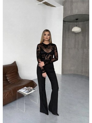 Rora Kadın Bisiklet Yaka Transparan Tül Bluz Kadife Çiçek Desenli Şık Davet Üst