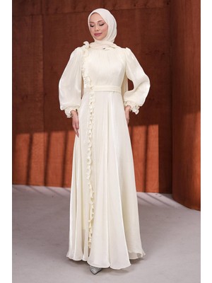 İmaj Butik Krem Bel Kemerli Fırfırlı Janjan Abiye