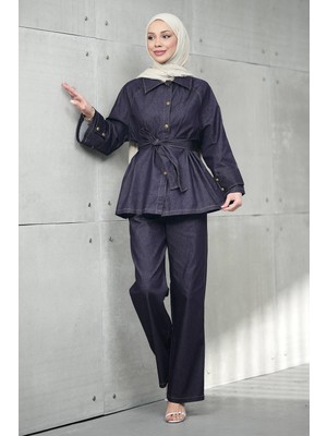 İmaj Butik Mürdüm Kuşaklı Ceket Pantolonlu Kot Takım