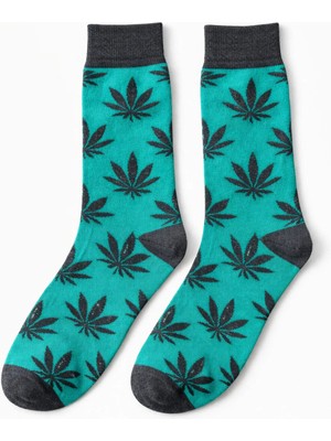 Solde Erkek Pamuklu Günlük Çorap – Yaprak Desenli, Turkuaz/siyah, Kaliteli