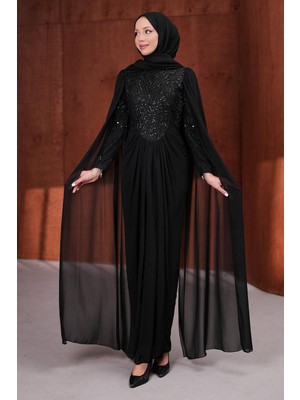 İmaj Butik Siyah Omuz Pelerinli Boncuk Işlemeli Drapeli Abiye