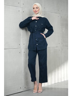 İmaj Butik Lacivert Bel Bağlamalı Cepli Ceket Pantolonlu Kot Takım