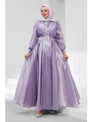 İmaj Butik Lila Balon Kol Drapeli Abiye