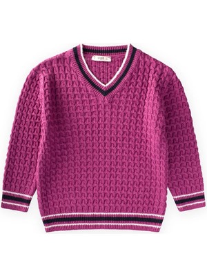 Cigit Saç Örgü V Yaka Kazak 2-9 Yaş Erguvan