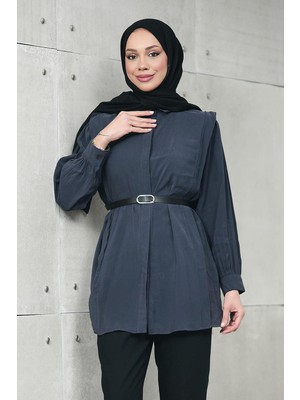 İmaj Butik Antrasit Gizli Patlı Belden Kemerli Modal Dokuma Tunik Gömlek