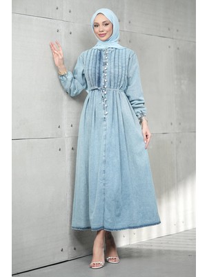 İmaj Butik Mavi Yarım Düğmeli Pileli Kot Elbise