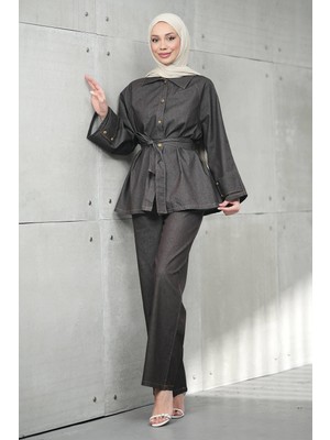 İmaj Butik Kahverengi Kuşaklı Ceket Pantolonlu Kot Takım