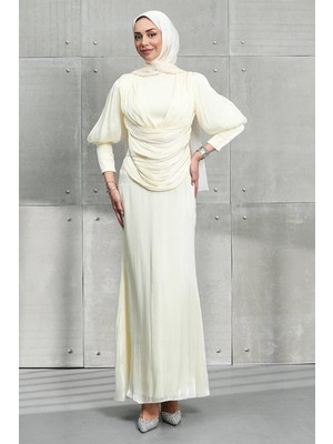 İmaj Butik Krem Beli Zincir Detaylı Drapeli Janjan Abiye