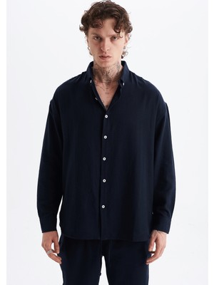 Danger Erkek %100 Pamuklu Keten Görünümlü Pantolon Gömlek Takım Lacivert