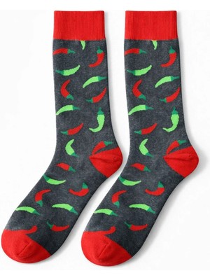 Solde Erkek Pamuklu Günlük Çorap – Acı Biber Desenli, Gri Zeminli, Kırmızı/yeşil Detaylı, Kaliteli