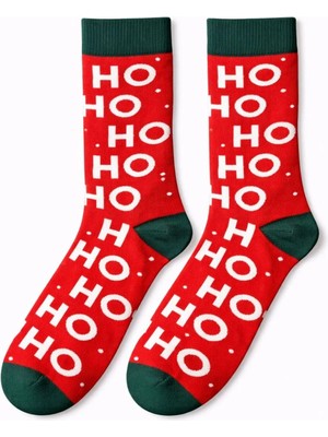 Solde Erkek Pamuklu Günlük Çorap – “ho Ho Ho” Yazılı Yılbaşı Desenli, Kırmızı/yeşil Detaylı, Kaliteli