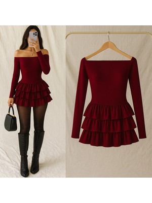 Rora Kadın Kayık Yaka Volanlı Mini Elbise – Uzun Kollu