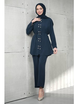 İmaj Butik Lacivert Düğme Detaylı Tunik Pantolonlu Takım