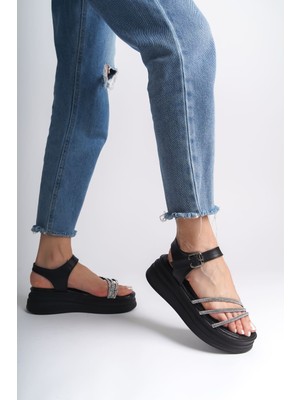 DMR Elegance Eva Kalın Tokalı Taşlı Şeritli Ortopedik Taban Kadın Sandalet  Cst - Siyah