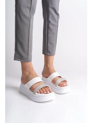 DMR Elegance Sarah Düz Topuklu Taşlı Şeritli Kalın ve Ortopedik Taban Kadın Terlik  Cbt - Beyaz