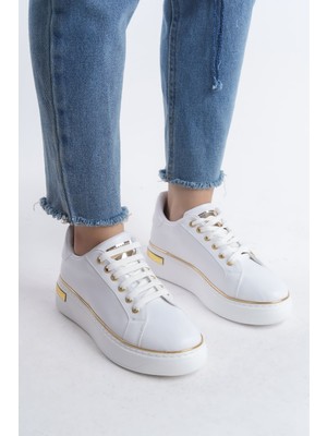 DMR Elegance Mına Bağcıklı Ortopedik Taban Kadın Sneaker Spor Ayakkabı  Cbt - Beyaz/altın