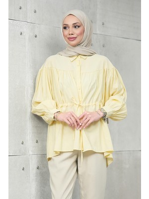İmaj Butik Sarı Bel Bağlamalı Modal Salaş Gömlek