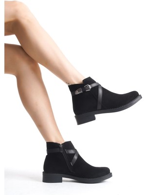 DMR Elegance Almıla Fermuarlı Lastikli Ortopedik Taban Topuklu Süet Kadın Bot Sst - Siyah