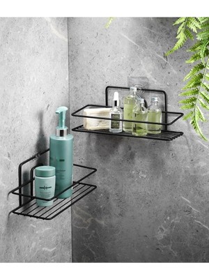 Leaf Shop Siyah Yapışkanlı Banyo Rafı, 2 Telli Duş Şampuanlık, Paslanmaz Metal Duş Rafı (Vidala/yapıştır) - Tş-01