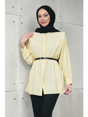 İmaj Butik Sarı Gizli Patlı Belden Kemerli Modal Dokuma Tunik Gömlek