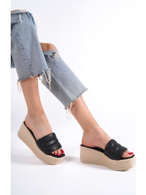 DMR Elegance Reına Dolgu Topuklu Ortopedik Taban Hasır Görünümlü Kadın Terlik Ckt - Siyah