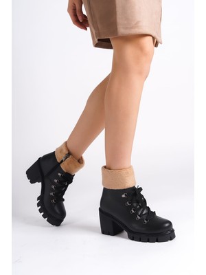 DMR Elegance Emma Bağcıklı Fermuarlı Ortopedik Taban Topuklu Kürk Detaylıkadın Bot  Cst - Siyah