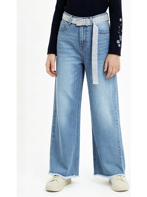 Modanino Kız Çocuk Taş Süsleme Kemerli- Destroy Paçalı-Jean Pantolon 10-14 Yaş 12544